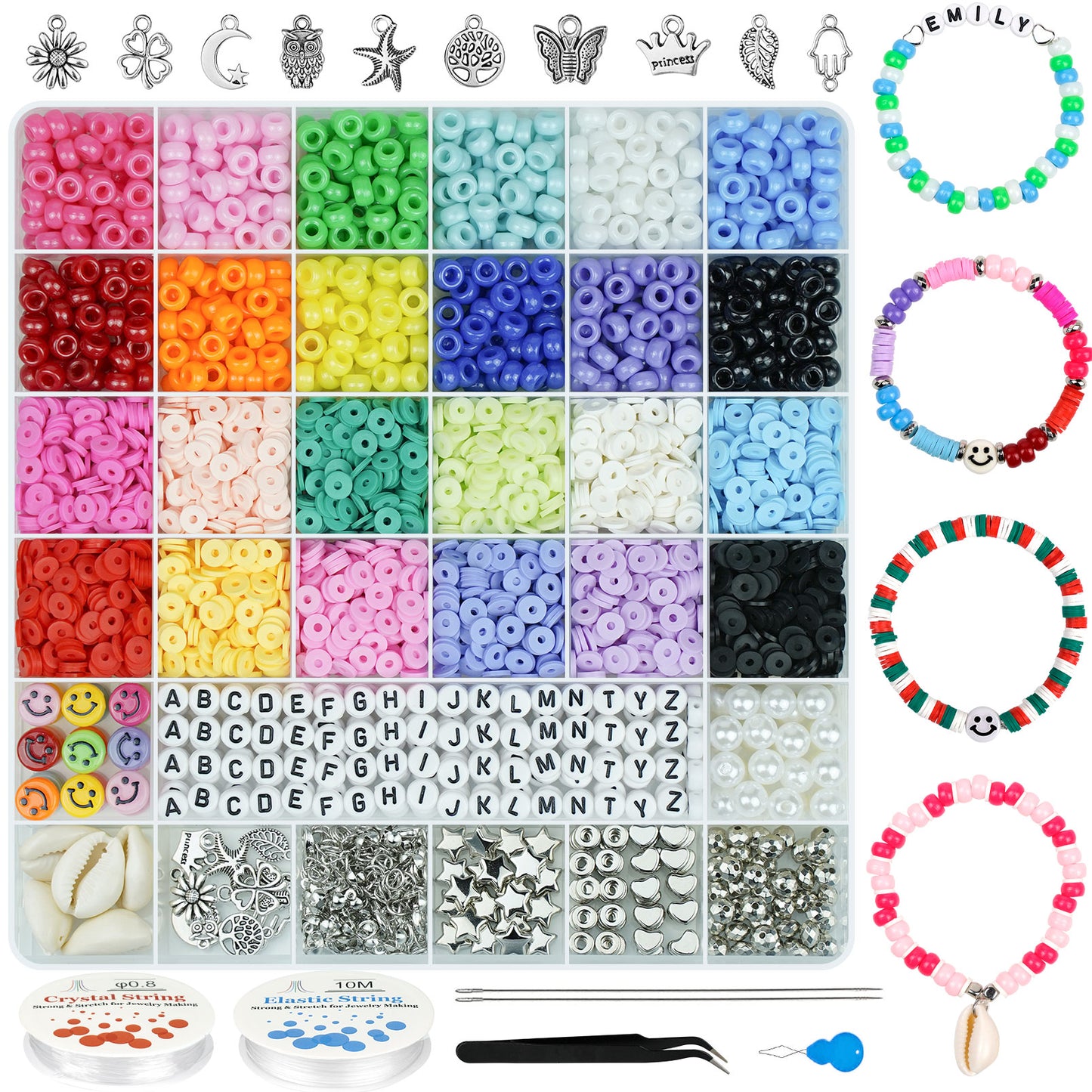 Beads Bracelet Making Kit, Velavior Bracelet Kit Combo of Polymer Clay Beads Pony Beads Letter Beads Charm Pendants and Elastic String for Jewelry Making, DIY Crafts for Bracelets Necklace Gifts