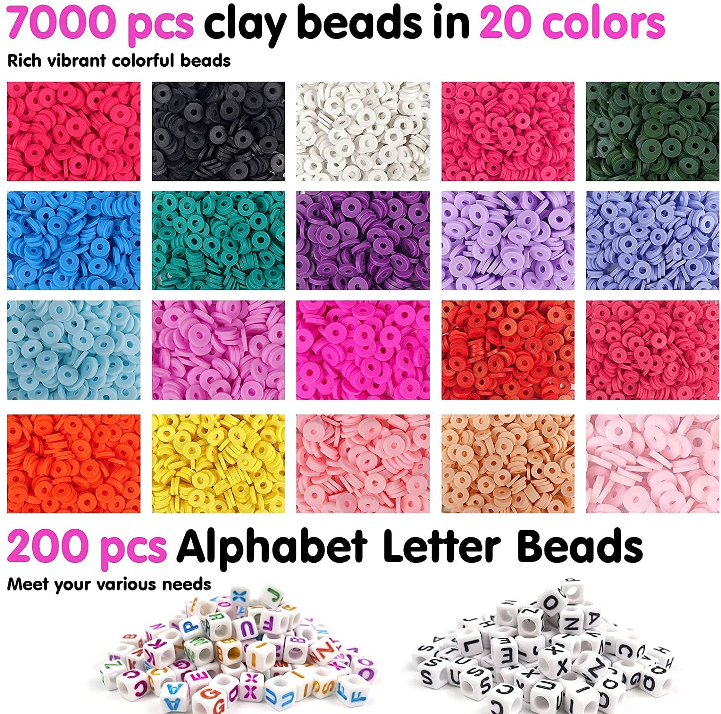 7200 Pcs Clay Beads and Letter Beads for Bracelet Making, Velavior 20 Strands 6mm Flat Round Polymer Clay Beads Colorful Heishi Beads Kit for Jewelry Making DIY Bracelets Necklace Pendant Crafts